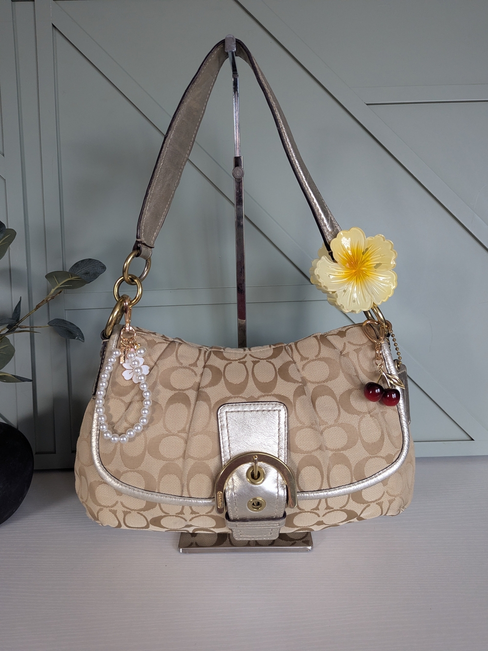 Coach Beige Signature Canvas Shoulder Bag with Metallic Trim